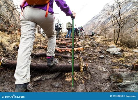 Female Hiking Up A Mountain With A Group Of People Stock Image Image