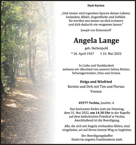 Traueranzeigen Von Angela Lange Om Trauer De