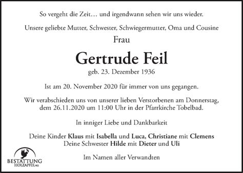 Traueranzeigen Von Gertrude Feil Trauer Kleinezeitung At