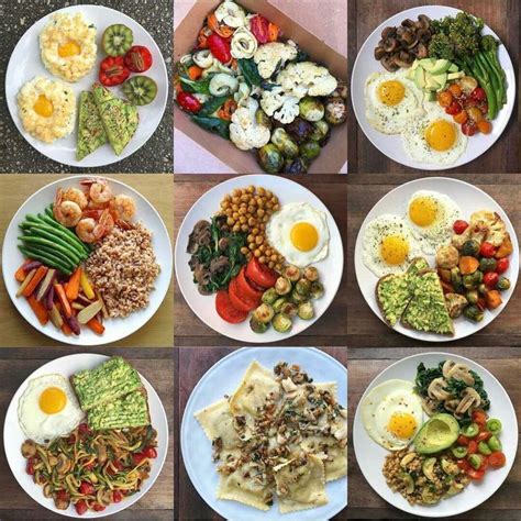 Six Plates With Different Types Of Food On Them Including Eggs