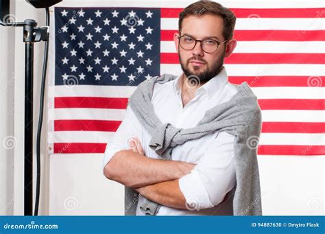 Smiling Young Man On United States Flag Background Stock Photo Image