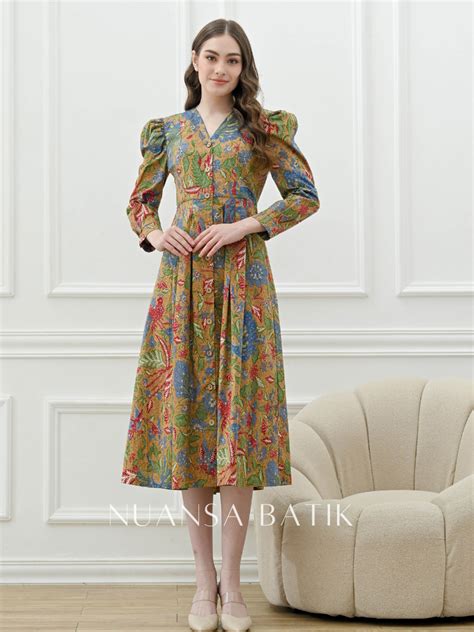 Jual Nuansa Batik Dress Batik Midi Lengan Panjang Bahan Katun Stretch