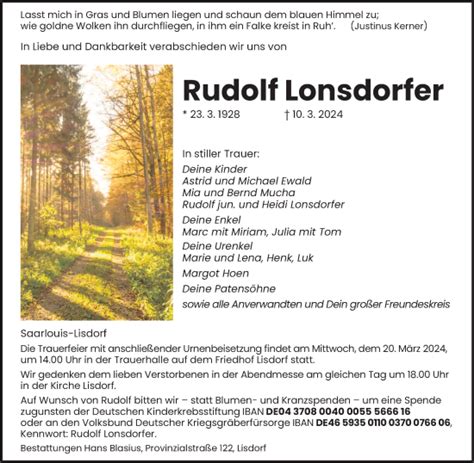 Traueranzeigen Von Rudolf Lonsdorfer Saarbruecker Zeitung Trauer De