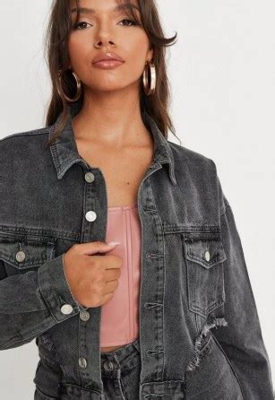 Missguided Charcoal Co Ord Extreme Distressed Hem Denim Jacket