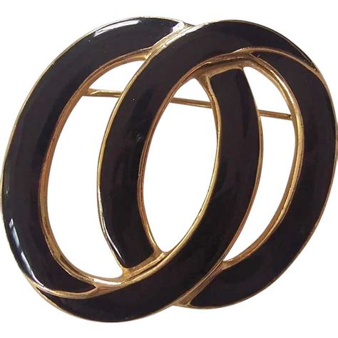 Trifari Black Enamel Interlocking Ovals Brooch Gem