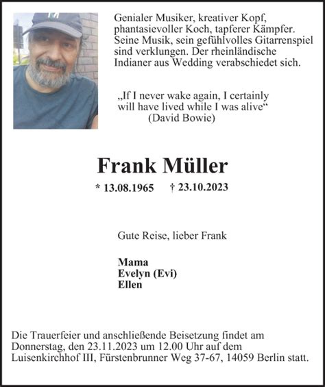 Traueranzeigen von Frank Müller TRAUERinBERLIN de