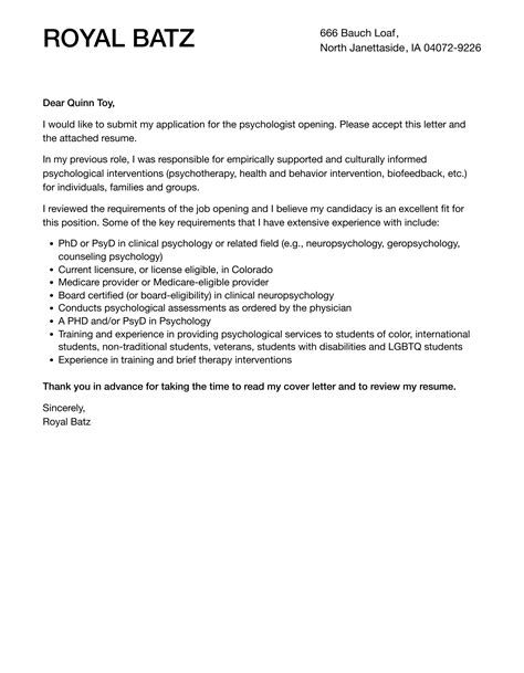 Psychologist Cover Letter Velvet Jobs