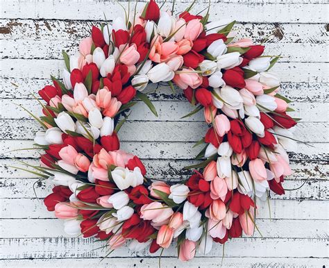 Spring Tulip Wreath With Red Coral And White Tulips Spring Floral