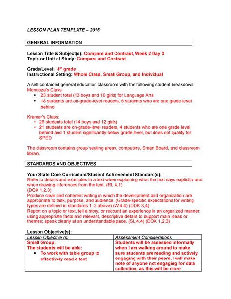 Lp Compare Contrast Lesson Plan Lesson Plan Template