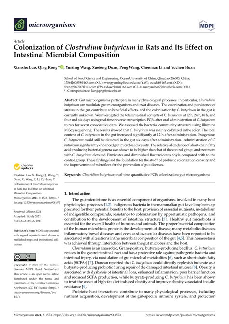 PDF Colonization Of Clostridium Butyricum In Rats And Its Effect On