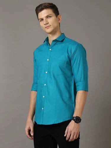 Plain Cotton Blend Men Slim Fit Blue Solid Casual Shirt Full Sleeves