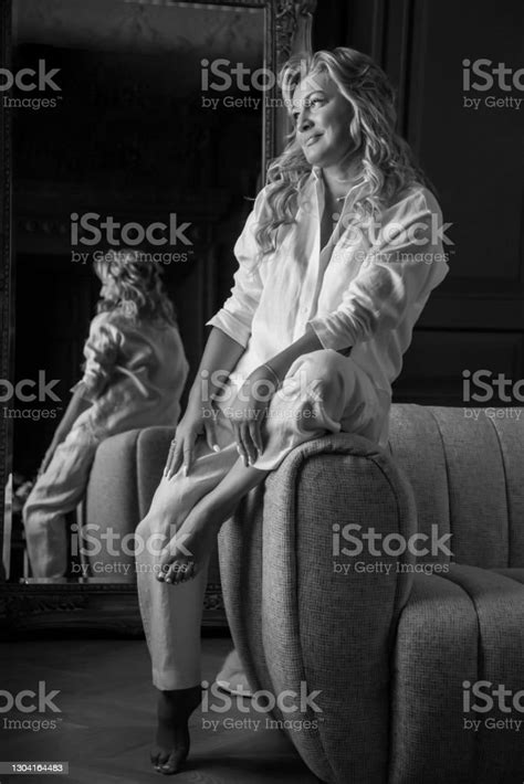 Portrait Photo Cute Middle Aged 45 Years Old Blonde Woman In Domestic