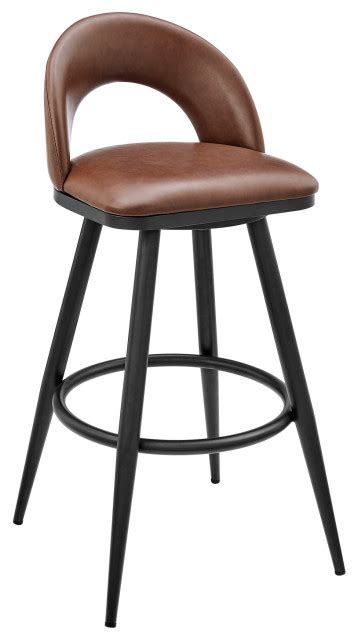 Lottech Swivel Bar Stool In Black Metal With Brown Faux Leather