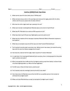 Invictus Movie Questions With Answers Movie Guide Worksheet Tpt