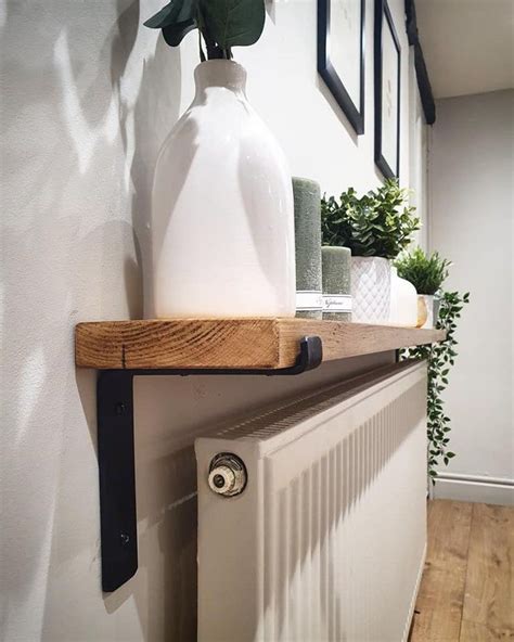 Hand Crafted Rustic Reclaimed Solid Pine Timber Radiator Shelf With Industrial Steel Brackets