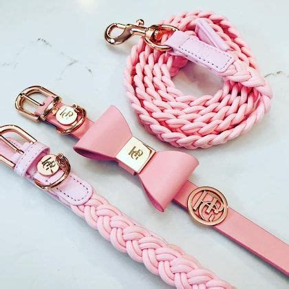 Two Pink Leashes With Gold Monogrammed Buckles On White Marble Counter Top