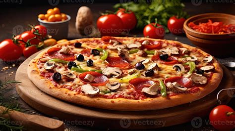 Thin Crust Supreme Pizza On Wooden Cutting Board For Fast Food Ready To