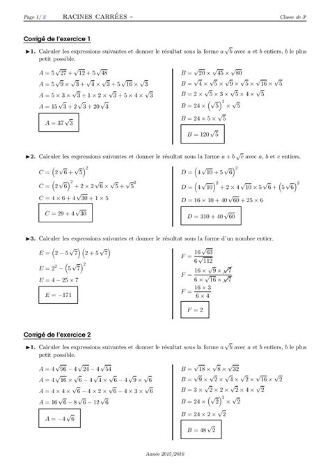 Calcul Sur Les Racines Carr Es Exercices Pdf Cours Exercices Examens