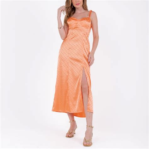 Vestido Cetim Alças Laço Coral Laranja