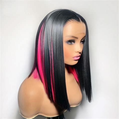 Black Wig With Pink Highlights Peekaboo Bob Wigs Yolissa Hair Yolissa Hair