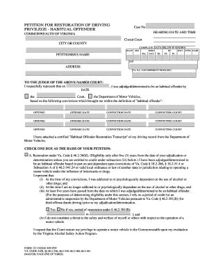 Fillable Online Courts State Va PETITION FOR RESTORATION OF DRIVING