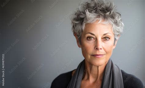 Short Haired Mature Woman With Scarf Posing In Front Of A Solid Grey Backdrop Stock Photo