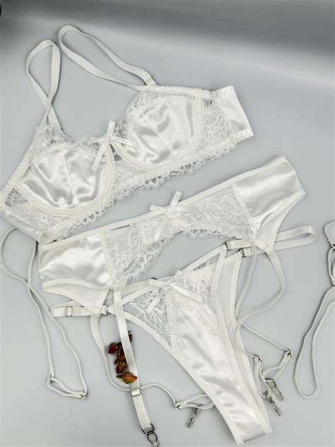 White Satin Lingerie Set Lace Lingerie Set Transparent Lingerie Embroidered Lingerie Set