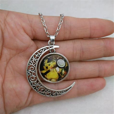 Handmade Pokemon Pikachu Hollow Moon Pendant Silver Necklace Necklace