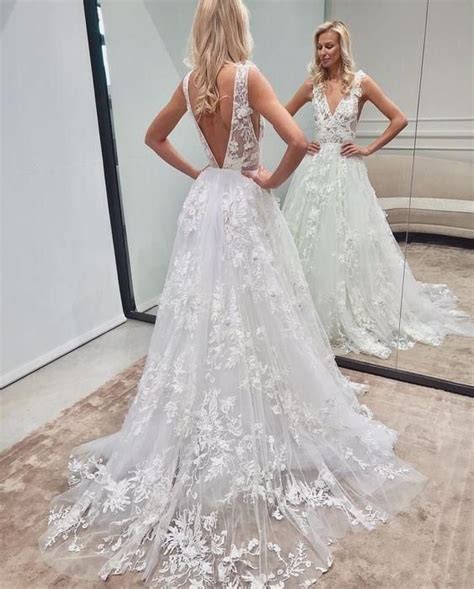 V Neck V Back Wedding Dresses With Appliques Lace Tulle Wedding Dress White Lace Wedding