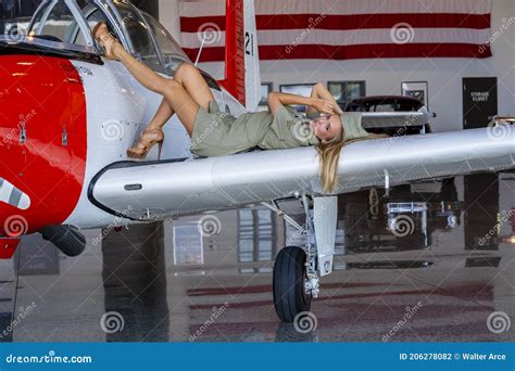 Lovely Blonde Model Posing With A Vintage World War II P Mustang Stock Photo Image Of
