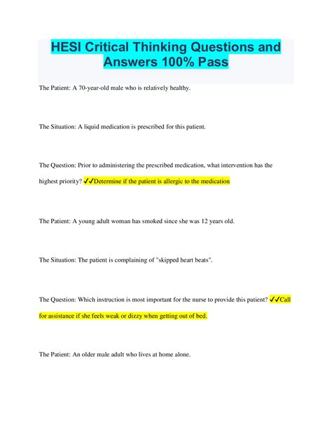 HESI Critical Thinking Questions And Answers 100 Pass Browsegrades