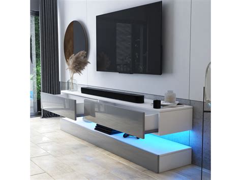 Meuble Tv Suspendu Hylia 140 Cm Blanc Mat Gris Brillant Avec