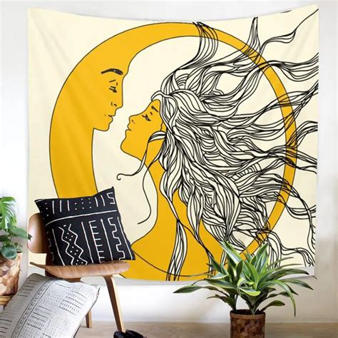 Yellow Sun And Moon Hippie Hippy Tapestry Goddess Wall Hanging Blanket