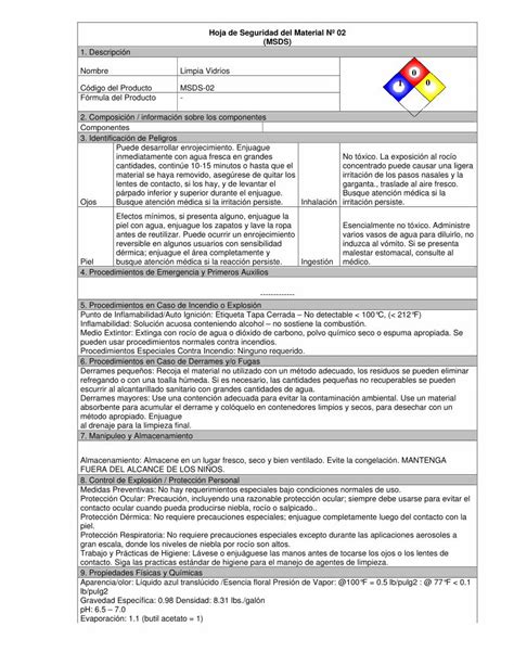 PDF Hoja De Seguridad Del Material Limpia Vidrios Hoja De Seguridad