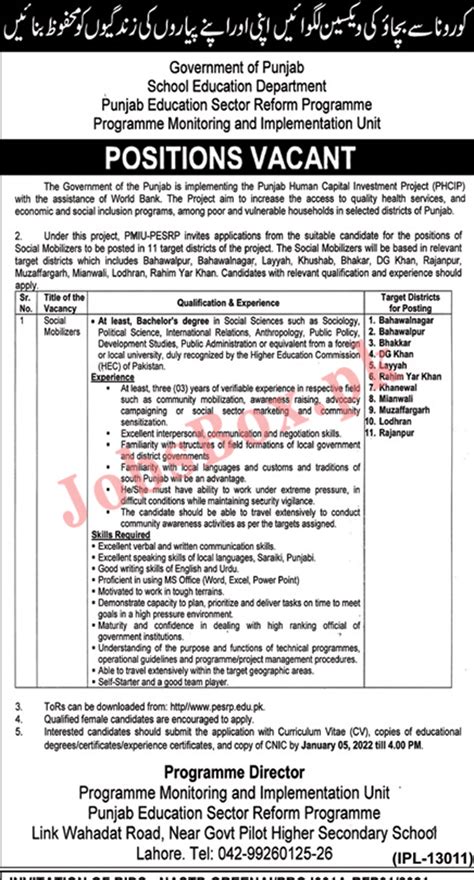 Punjab School Education Department Jobs 2022 For Social Mobilizers