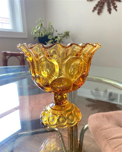 Mid Century Art Glass Amber Glass Pedestal Compote Moon And Stars Pattern Le Smith Htf Vintage