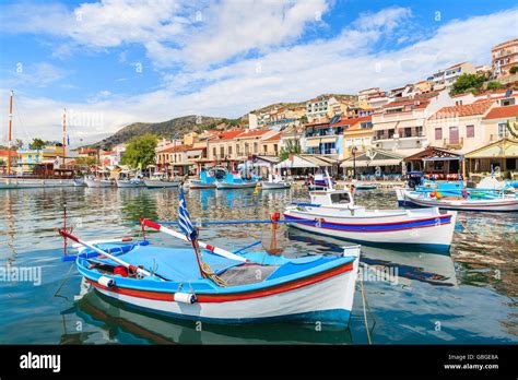 Traditional Colourful Greek Fishing Boats In Pythagorion Port Samos