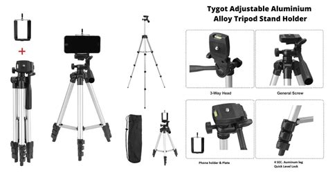 Tygot Adjustable Aluminium Alloy Tripod Stand Holder Tygot Adjustable