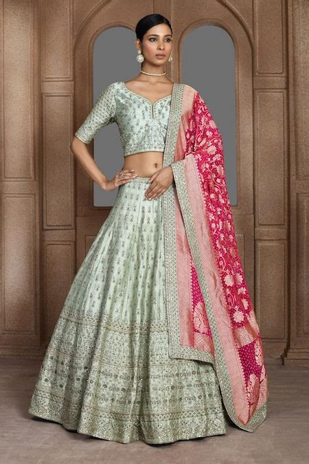 Buy Green Raw Silk Embroidery Zari Swastik Sequin Bridal Lehenga Set