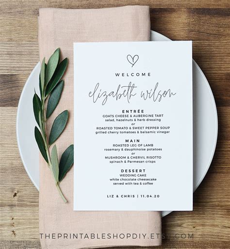 Wedding Menu With Place Name Printable Menu Name Boho Menu Etsy Hong Kong