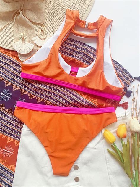 Emmiol Free Shipping Contrast Trim Cutout Bikini Set Orange S In