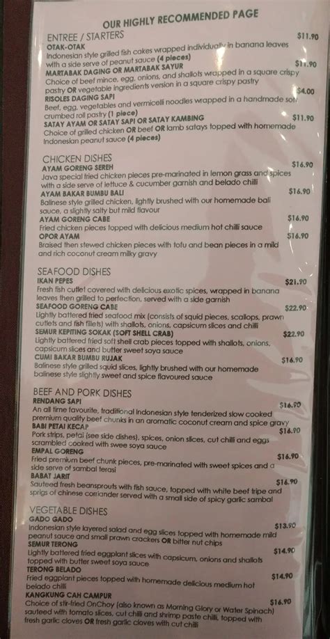 Menu at Java restaurant, Randwick