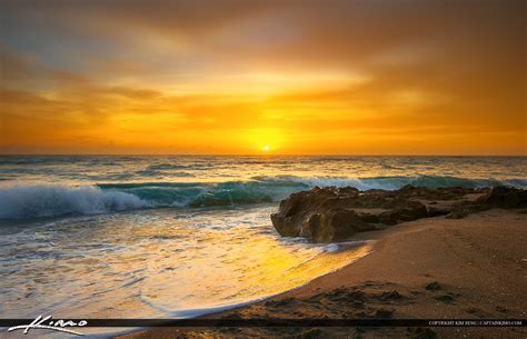 Juno Beach Sunrise Ocean Wave At Rocks Royal Stock Photo