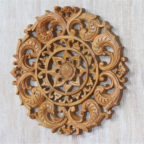 Unicef Market Hand Carved Suar Wood Lotus Flower Relief Panel From