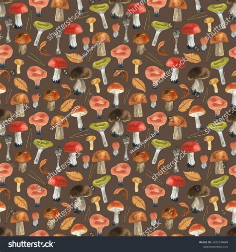 Watercolor Mushroom Seamless Pattern Fungi Repeat Stock Illustration