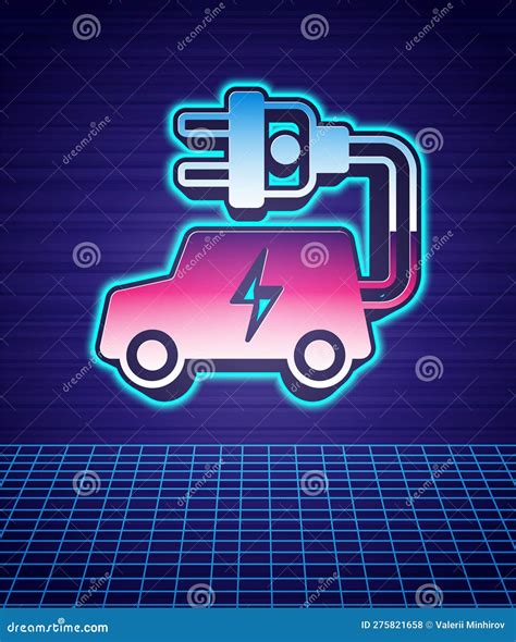 Retro Style Electric Car And Electrical Cable Plug Charging Icon Isolated Futuristic Landscape