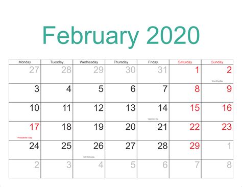 February 2020 Calendar With US, Australia, Canada Holidays Sheet | Free Printable Calendar