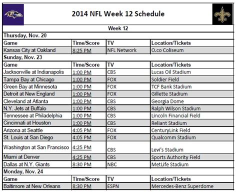 Nfl Schedule Week 12 Printerfriendly