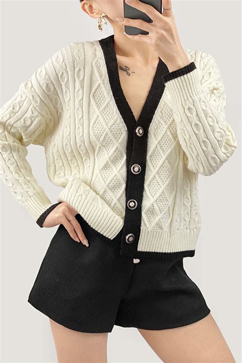 Beige Contrast V Neck Knitted Cardigan