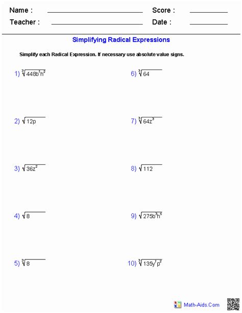 Simplifying Square Roots Worksheet With Answers